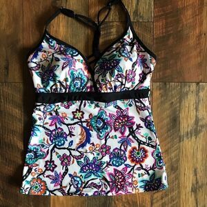 Free Country white blue black floral Tankini Top T-back Padded Cups size M 8-10